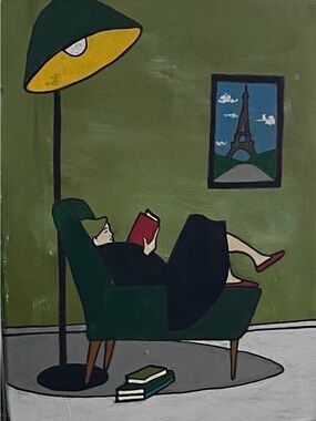 Unbranded Green Reading Nook Canvas Art Print with Yellow Lamp Accent